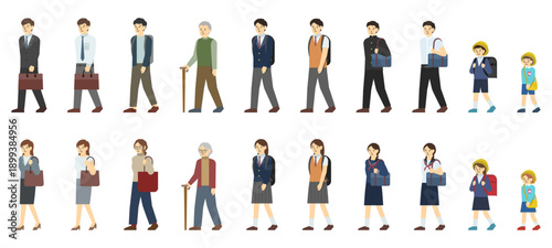 フラットイラスト：様々な年代の歩く男女セット
