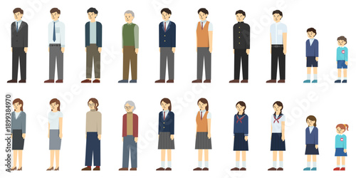 フラットイラスト：様々な年代の男女セット