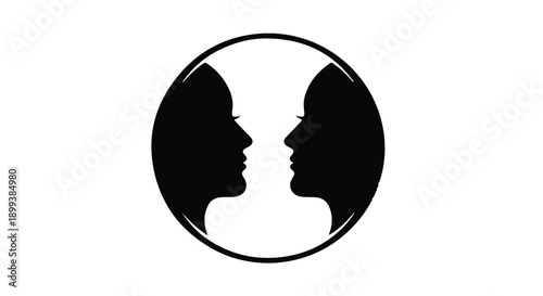 Two profiles facing each other in a circle, symbolizing connection and duality.