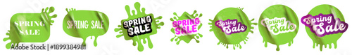 Spring Sale liquid green sticker set with dripping slime effect, vibrant marketing badges for seasonal retail promotions and e-commerce discounts. Vector Spring sale banner collection