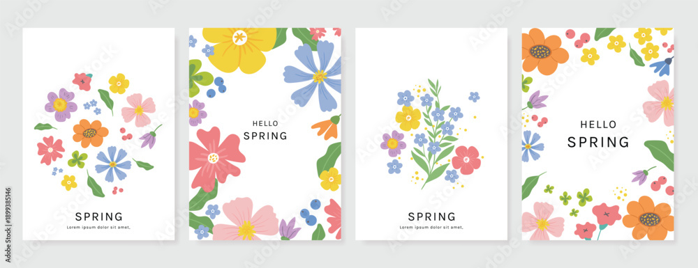 Obraz premium Spring Floral invitation card background vector. Minimal hand drawn botanical flowers template background. Design illustration for wedding, vip cover, poster, rsvp modern card, birthday party.