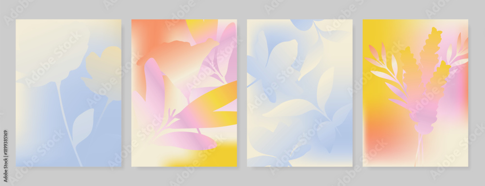 Fototapeta premium Modern gradient poster background vector set. Minimalist poster summer and spring cover template with green geometric, heart, flower, butterfly. Ideal design for social media, banner, card, ads.