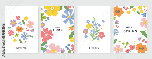 Spring Floral invitation card background vector. Minimal hand drawn botanical flowers template background. Design illustration for wedding, vip cover, poster, rsvp modern card, birthday party.