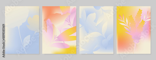 Modern gradient poster background vector set. Minimalist poster summer and spring cover template with green geometric, heart, flower, butterfly. Ideal design for social media, banner, card, ads.