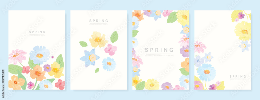 Fototapeta premium Spring Floral invitation card background vector. Minimal hand drawn botanical flowers template background. Design illustration for wedding, vip cover, poster, rsvp modern card, birthday party.