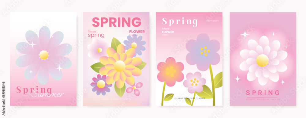 Fototapeta premium Modern gradient poster background vector set. Minimalist poster summer and spring cover template with green geometric, heart, flower, butterfly. Ideal design for social media, banner, card, ads.