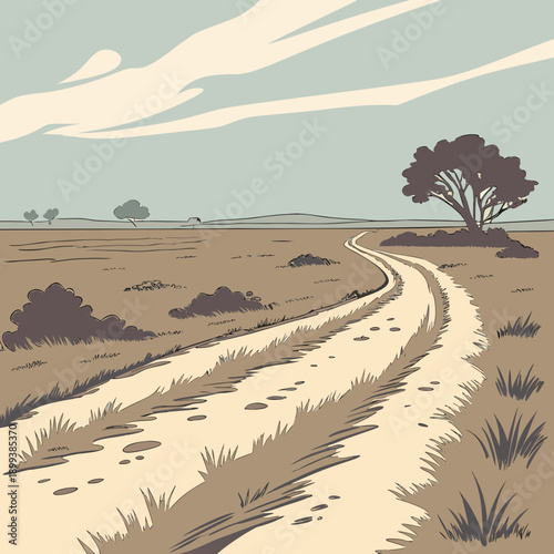 Gravel Road Across Empty Land - Minimalist Nature Path Vector