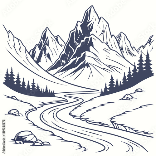 Glacier Valley Simplified Outline - Minimalist Mountain Landscape