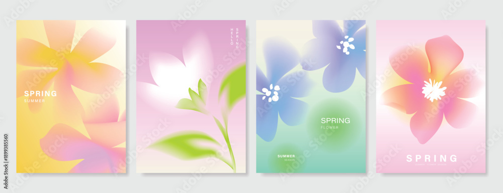 Fototapeta premium Modern gradient poster background vector set. Minimalist poster summer and spring cover template with green geometric, heart, flower, butterfly. Ideal design for social media, banner, card, ads.
