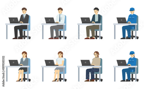 フラットイラスト：パソコンを使ってデスクで仕事する男女セット