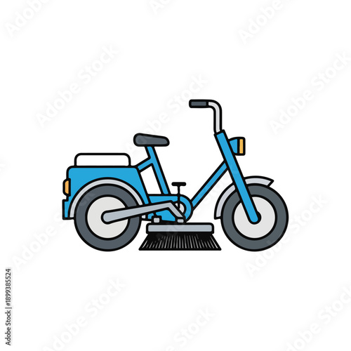 blue tricycle with broom attachment for street cleaning