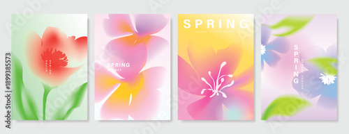 Modern gradient poster background vector set. Minimalist poster summer and spring cover template with green geometric, heart, flower, butterfly. Ideal design for social media, banner, card, ads.