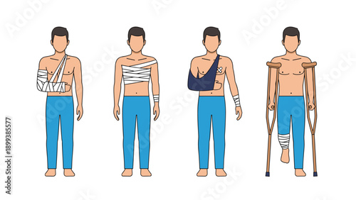 Illustrations depicting different male characters suffering from various injuries and receiving medical assistance, such as casts, slings, and crutches.