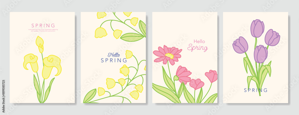 Fototapeta premium Spring Floral invitation card background vector. Minimal hand drawn botanical flowers template background. Design illustration for wedding, vip cover, poster, rsvp modern card, birthday party.