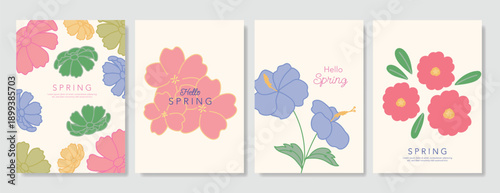 Spring Floral invitation card background vector. Minimal hand drawn botanical flowers template background. Design illustration for wedding, vip cover, poster, rsvp modern card, birthday party.