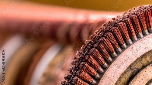 segments. Copper segments and brushes inside an electric motor, detailed engineering view. product launch decks, UI/UX mockups, designed for product launches and innovation pitches.