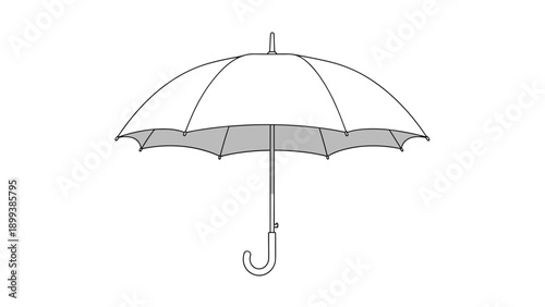Minimalistic black and white line art illustration of an open umbrella, perfect for showcasing weather protection, rain, or stylish accessories.
