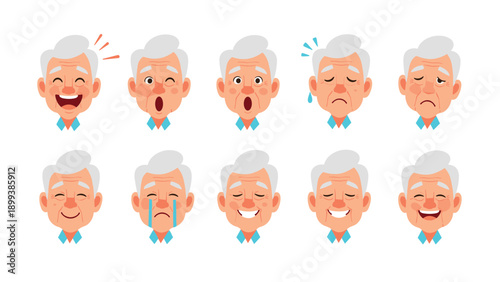 Extensive collection of elderly man's face emojis and expressions, conveying a wide range of emotions from joy and surprise to sadness and crying.