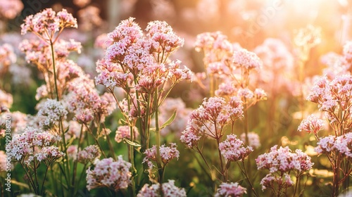 valerian. Valerian flowers blooming in evening garden with clusters of pink-white blossoms. gardening catalogs, home-decor guides, designed for home decor and floral branding, enhances decor appeal.