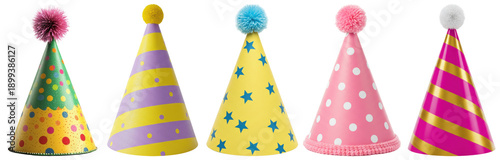 Obraz na płótnie a vibrant collection of polka dot party hats with pom-poms, perfect for celebrations, birthdays, and festive occasions, isolated