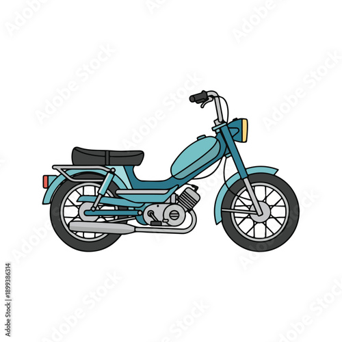 Teal motorcycle with black seat and wheels on white background