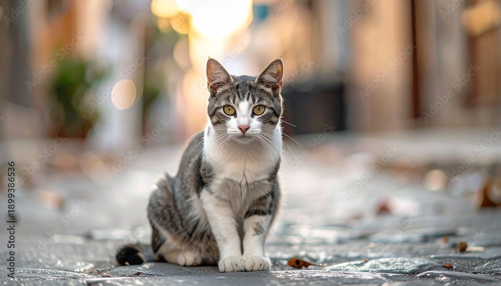 Obraz premium Cat sits centered, gaze fixed, on cobblestone path; blurred city background