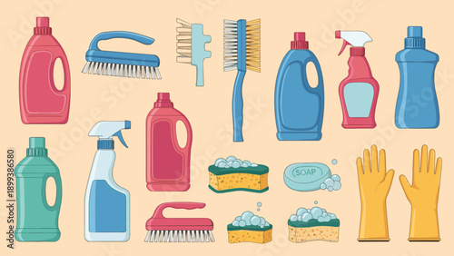 Extensive array of diverse cleaning supplies, including bottles of detergent, brushes, sponges, soap, and gloves, neatly arranged for household chores.