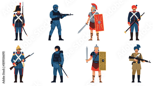 Diverse set of historical and modern soldiers, showcasing various military uniforms, weaponry, and protective gear from different eras and cultures.