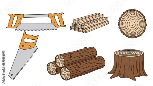 Comprehensive set of woodworking elements, including various hand saws, cut lumber, logs, and tree stumps, representing forestry and construction.