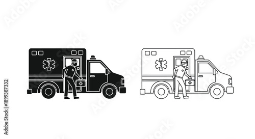 Two black and white depictions of an ambulance with a paramedic