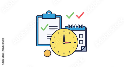 Schedule and task completion with a clipboard clock and checkmarks