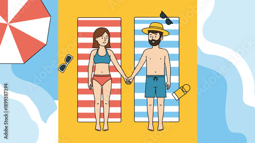 Happy couple sunbathing on colorful beach towels, surrounded by sunglasses, sun hat, and sunscreen, enjoying a relaxing summer vacation by the sea.