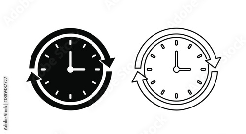 Two clock icons with circular arrows one filled and one outlined