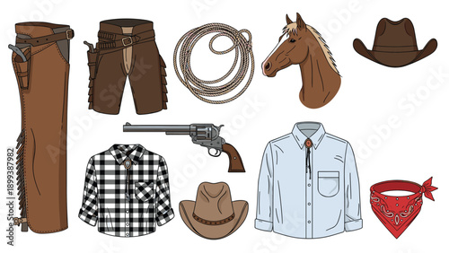 Comprehensive collection of classic cowboy and Western-themed attire and gear, including chaps, hats, a revolver, and horse accessories.