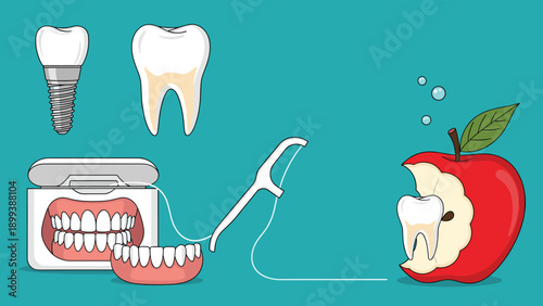 Comprehensive set of dental health elements including natural teeth, implants, dentures, floss, and an apple for oral hygiene representation.