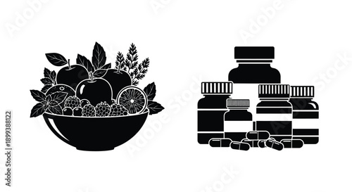 Black and white illustration of fruits herbs and supplement bottles