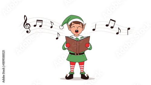 Cheerful cartoon Christmas elf happily singing from a songbook, surrounded by floating musical notes, embodying festive holiday joy.