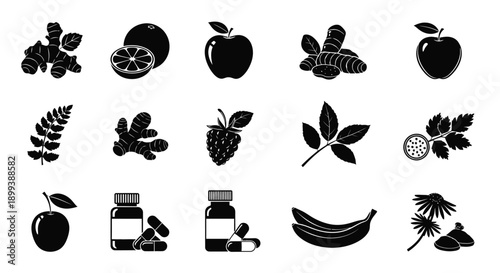 Black and white icons depicting fruits leaves and wellness products