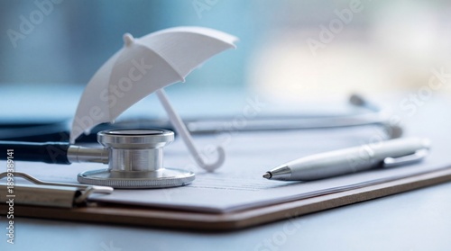 Health Insurance and Medical Protection Concept with Stethoscope and Umbrella on Clipboard
