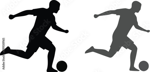 Silhouette of soccer player dribbling ball in two color variations