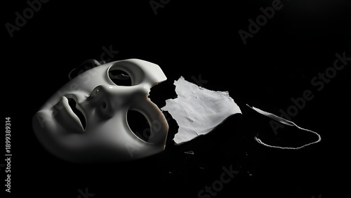 drama. A broken white porcelain mask lying on a dark surface, half of it receding into deep shadows. wellbeing guides, coaching materials, designed for coaching and self-improvement content.