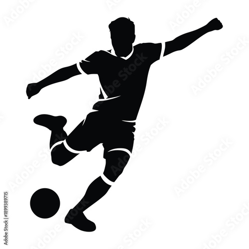 Silhouette of a professional soccer player kicking ball in powerful action pose isolated on white background