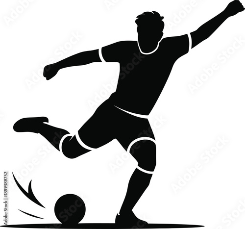 Silhouette of soccer player kicking ball in powerful action pose isolated on white background