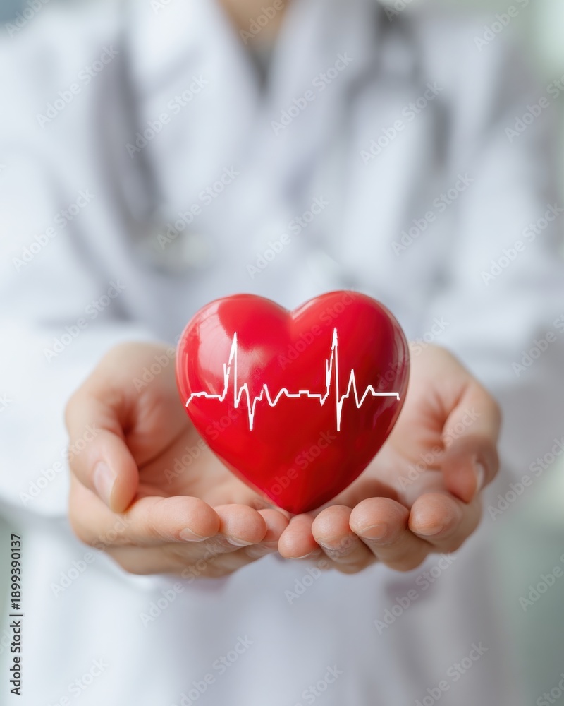 Obraz premium Doctor holding a red heart with an EKG symbol, conveying care, health, and cardiovascular well-being.