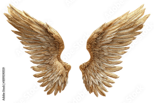 Pair of large, detailed angel wings.  Beige/tan plumage,  detailed feather structure.  Dark background