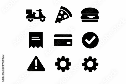 Food delivery and payment icons: scooter, pizza, burger, receipt, card, checkmark, alert, gears
