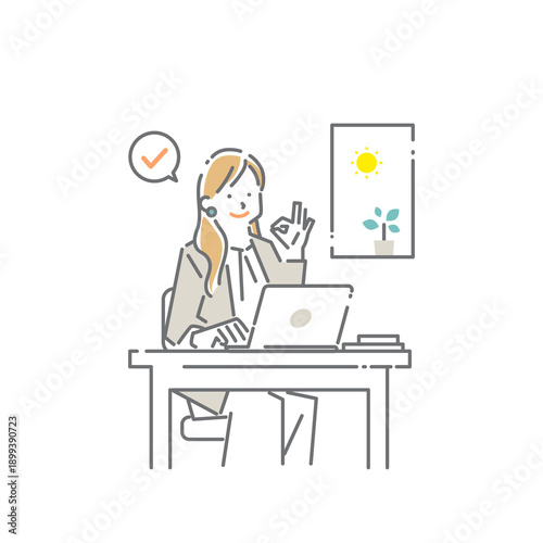 A young woman working relaxedly in a comfortable office. Simple and stylish line drawing illustration