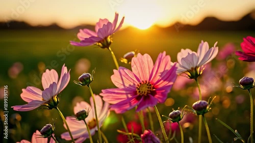 Cosmos Flowers at Sunset - A Beautiful Field of Blooms.