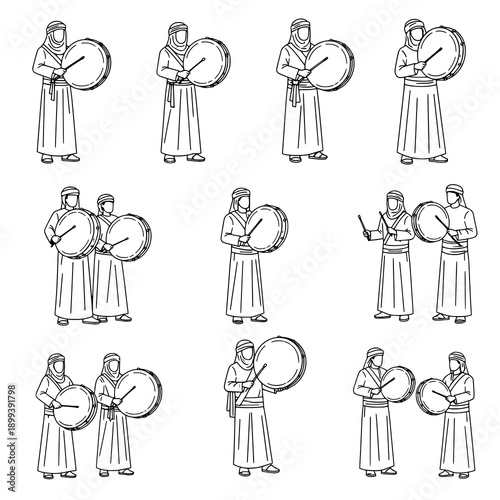 Traditional Mesherati Suhoor wake-up drum black vector illustration set on white background