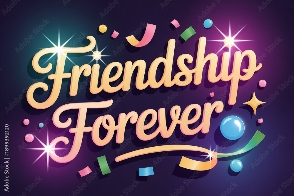 Obraz premium Vibrant Friendship Forever text with colorful confetti and sparkles